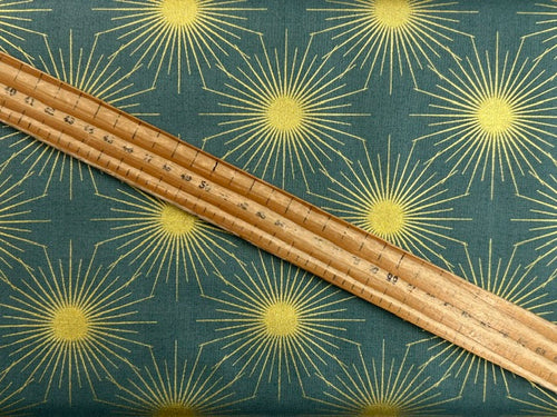 lewis & irene winter solstice stone henge trees sun star flowers metallic cotton fabric shack malmesbury solstice sun teal 