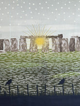 lewis & irene winter solstice stone henge trees sun star flowers metallic cotton fabric shack malmesbury stone henge double edge border 1 