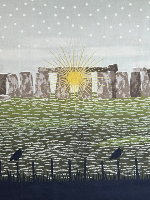 lewis & irene winter solstice stone henge trees sun star flowers metallic cotton fabric shack malmesbury stone henge double edge border 1 