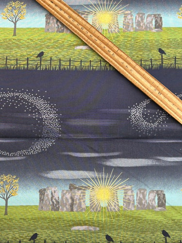 lewis & irene winter solstice stone henge trees sun star flowers metallic cotton fabric shack malmesbury stone henge stripe