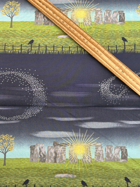 lewis & irene winter solstice stone henge trees sun star flowers metallic cotton fabric shack malmesbury stone henge stripe