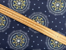 lewis & irene winter solstice stone henge trees sun star flowers metallic cotton fabric shack malmesbury sun star on midnight blue