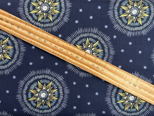 lewis & irene winter solstice stone henge trees sun star flowers metallic cotton fabric shack malmesbury sun star on midnight blue