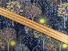 lewis & irene winter solstice stone henge trees sun star flowers metallic cotton fabric shack malmesbury trees on midnight blue