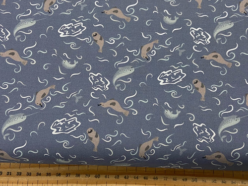 lewis and & irene arctic adventure pearlescent metallic polar delight arctic blue seal narwhal cotton fabric shack malmesbury