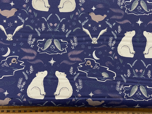lewis and & irene arctic adventure pearlescent metallic true north midnight blue bear seal owl narwhal cotton fabric shack malmesbury