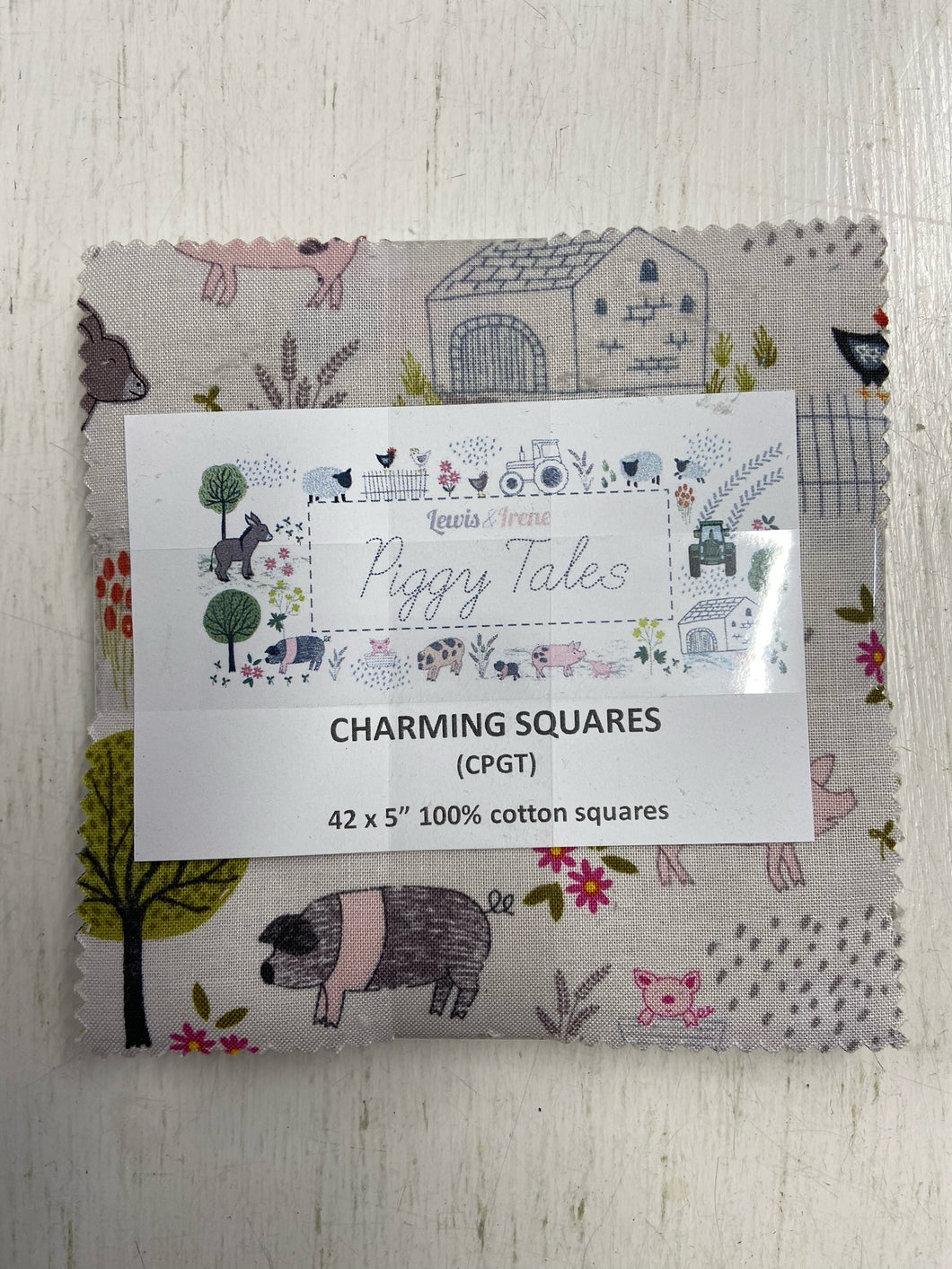 lewis and & irene charming squares charm pack pre-cut five inch squares piggy tales cotton fabric shack malmesbury pig farm donkey