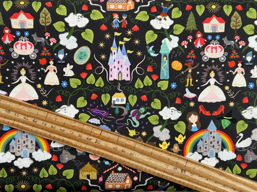 lewis and & irene small things fairytales fairy tales red riding hood puss in boots cinderella black cotton fabric shack malmesbury