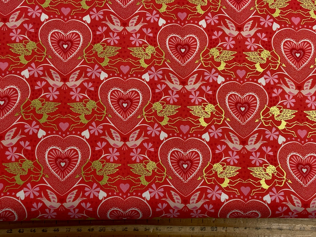lewis and irene all we need is love fabric shack malmesbury cotton quilt craft flirty red with gold metallic heart cherub