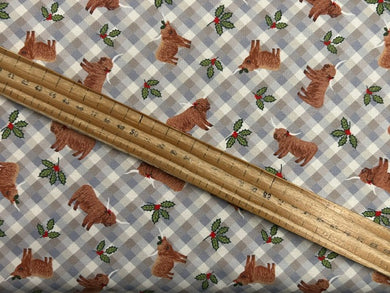 lewis and irene celtic christmas highland cow gingham christmas cotton fabric shack malmesbury blue brown
