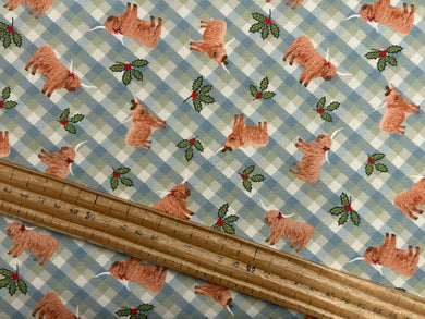 lewis and irene celtic christmas highland cow gingham christmas cotton fabric shack malmesbury blue green