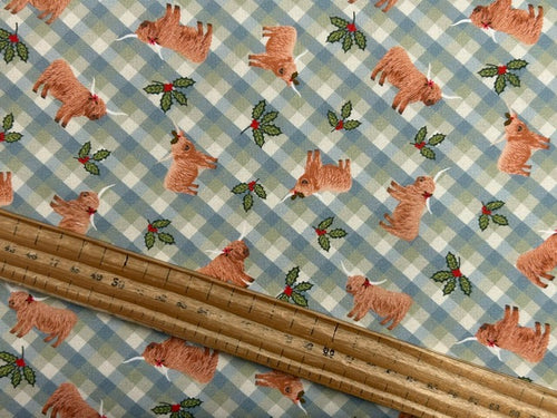 lewis and irene celtic christmas highland cow gingham christmas cotton fabric shack malmesbury blue green