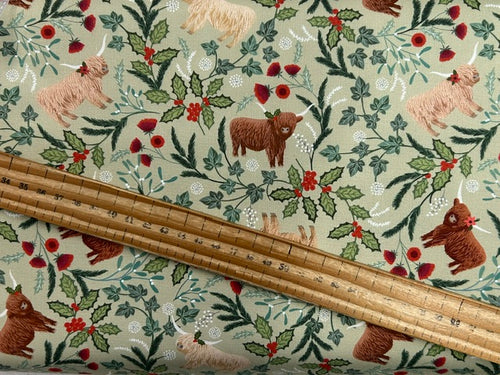 lewis and irene celtic christmas highland cow holly christmas cotton fabric shack malmesbury highlands festive sage