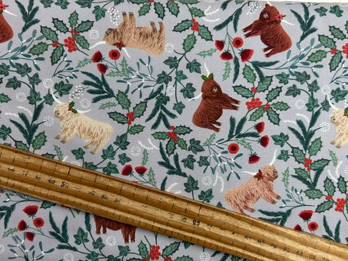 lewis and irene celtic christmas highland cow holly christmas cotton fabric shack malmesbury highlands misty silver light grey