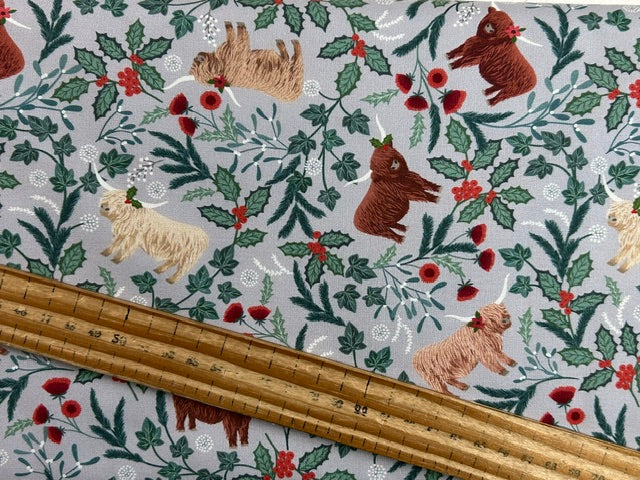 lewis and irene celtic christmas highland cow holly christmas cotton fabric shack malmesbury highlands misty silver light grey