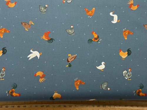 lewis and irene small thigs country  cotton fabric shack malmesbury quiltng sewing chickens and ducks country blue