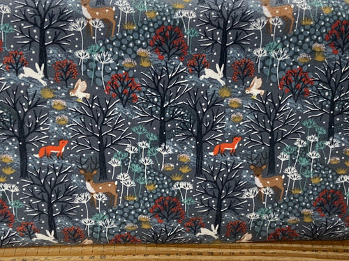 lewis and irene winter in bluebell wood brushed cotton flannel dark grey deer stag fox owl hare fabric shack malmesbury
