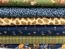 linn warme moda autumn forest woodland animals deer hare hedgehog mushroom toadstool midnight blue green cotton fabric shack malmesbury