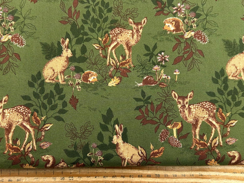 linn warme moda autumn forest woodland animals deer hare hedgehog pine cone pinecones leaf green cotton fabric shack malmesbury