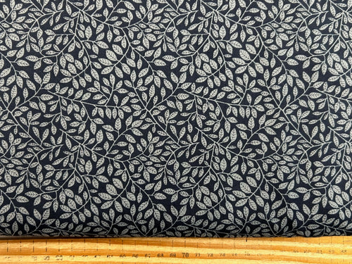 linn warme moda autumn forest woodland leaf midnight blue cotton fabric shack malmesbury
