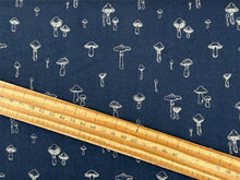 linn warme moda autumn forest woodland mushroom toadstool midnight blue cotton fabric shack malmesbury