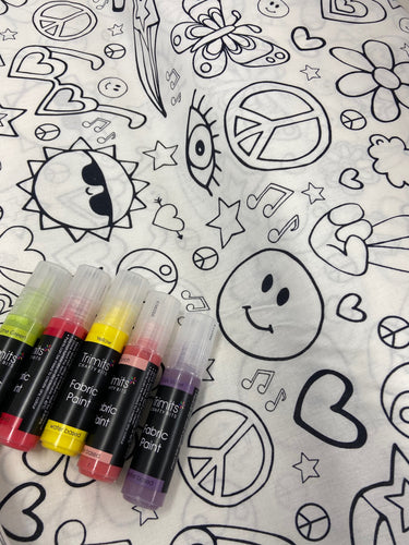 little johnny johnnie colouring in painting paint love sun hippy music flower cotton fabric shack malmesbury