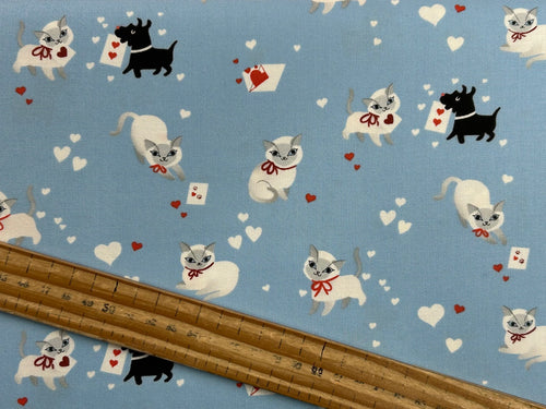 lizzy house moda funny valentine cat dog heart blue cotton fabric shack malmesbury