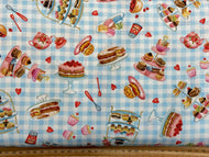 louise nesbit michael miller baked with love afternoon tea cream cakes baking cake teapot gingham blue cotton fabric shack malmesbury