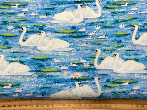 Lucy Grossmith for 3 Wishes The Secret Garden Swan Lake Blue Cotton Fabric by the 1/4 Metre*