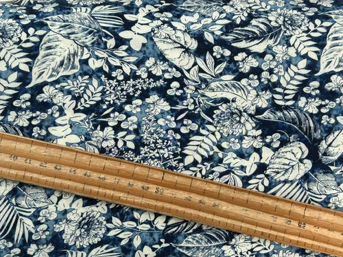 lyocell tencel floral flower palm leaves rain forest blue soft drapey fabric shack malmebury