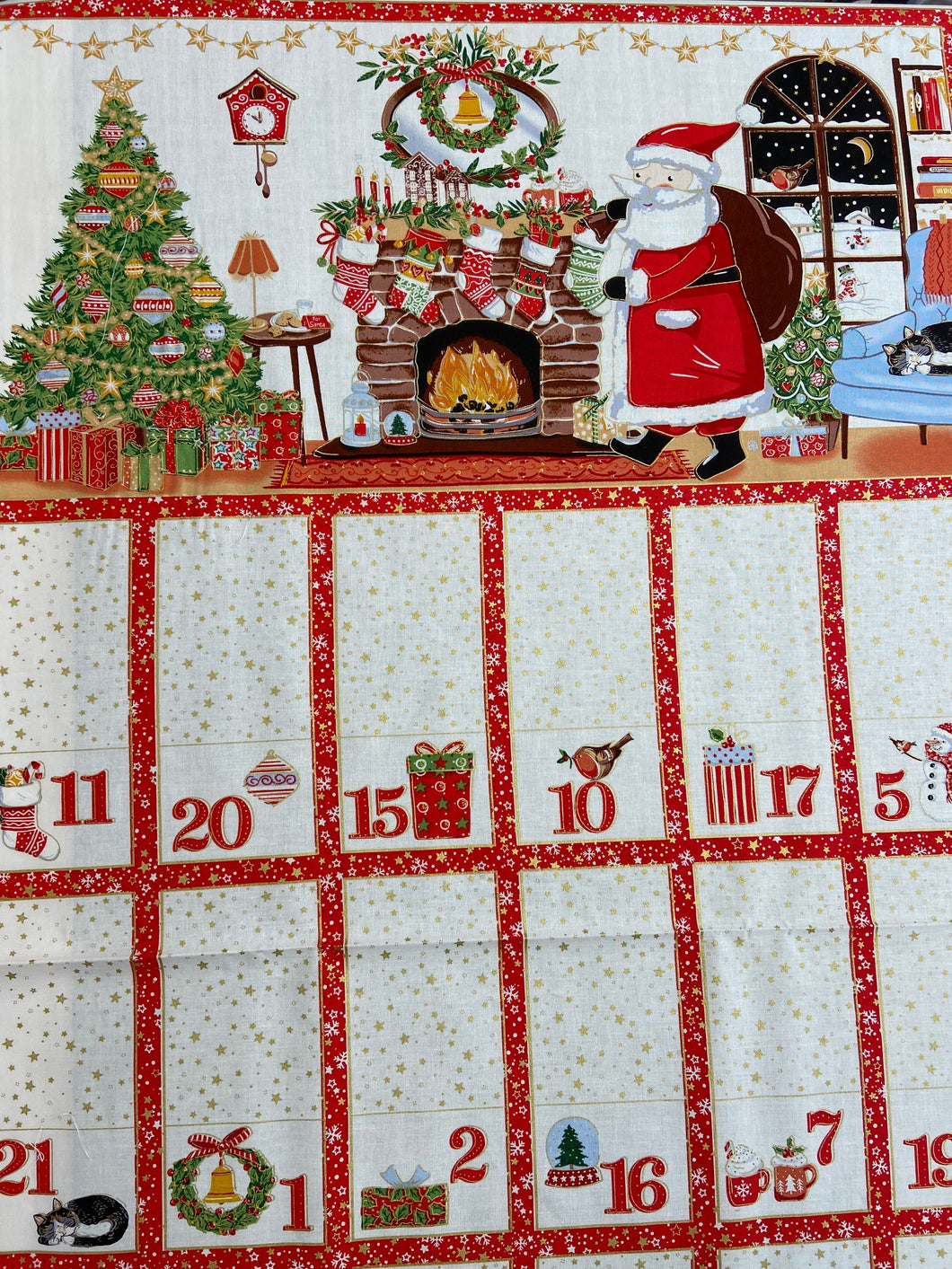 makower jolly st nick christmas metallic santa gifts advent calendar panel cotton fabric shack malmesbury