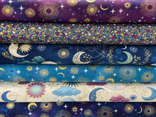 makower luna sun star celestial cosmos moon sun constellation metallic gold turquoise purple blue cotton fabric shack malmesbury