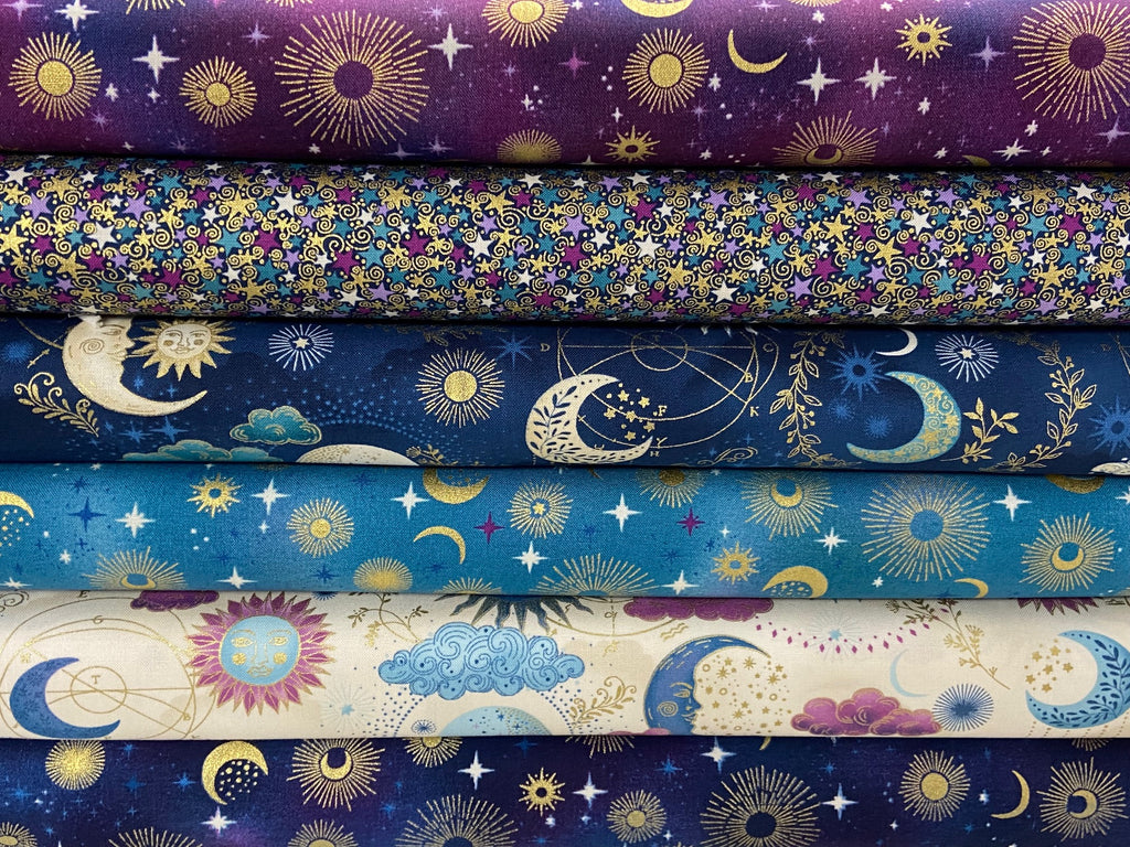 Makower Luna Cosmos Stars Blue Metallic Cotton Fabric by 1/4 Metre ...
