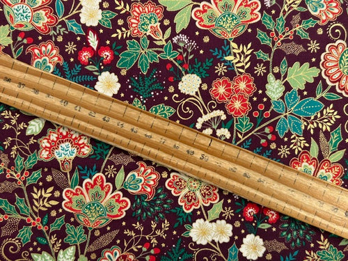 makower adorn christmas metallic oranament bloom burgundy red cotton fabric shack malmesbury