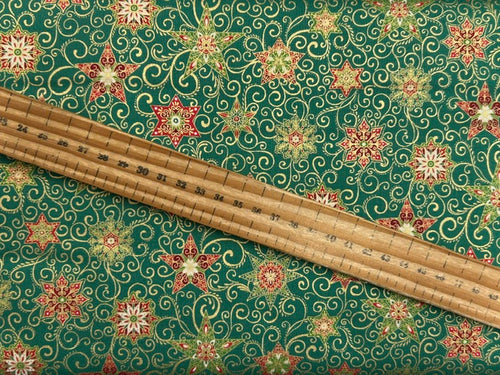 makower adorn christmas metallic ornate star green cotton fabric shack malmesbury