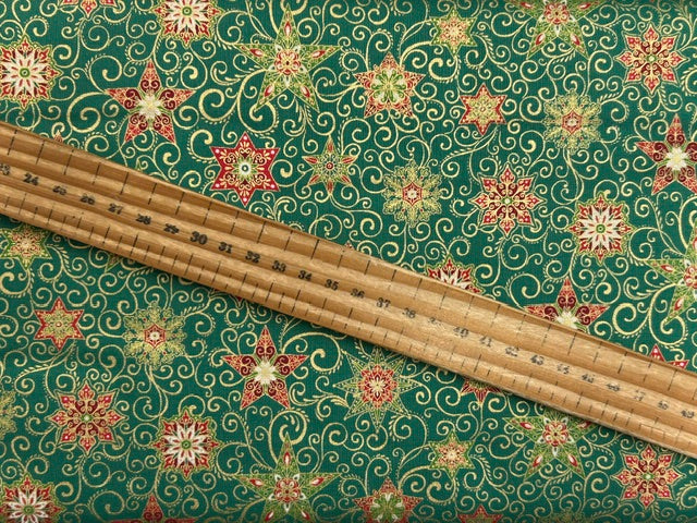 makower adorn christmas metallic ornate star green cotton fabric shack malmesbury