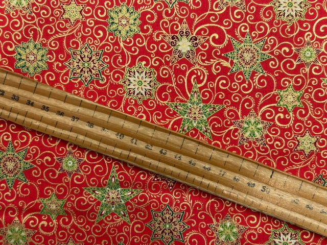 makower adorn christmas metallic ornate star red cotton fabric shack malmesbury