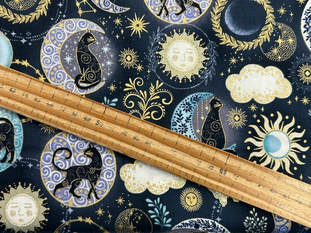 makower charmed cat cats moon stars galaxy twilight black cotton fabric shack malmesbury