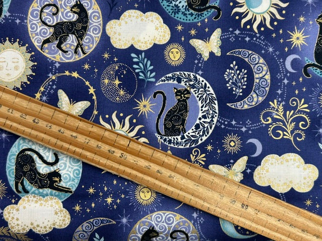 makower charmed cat cats moon stars galaxy twilight blue cotton fabric shack malmesbury