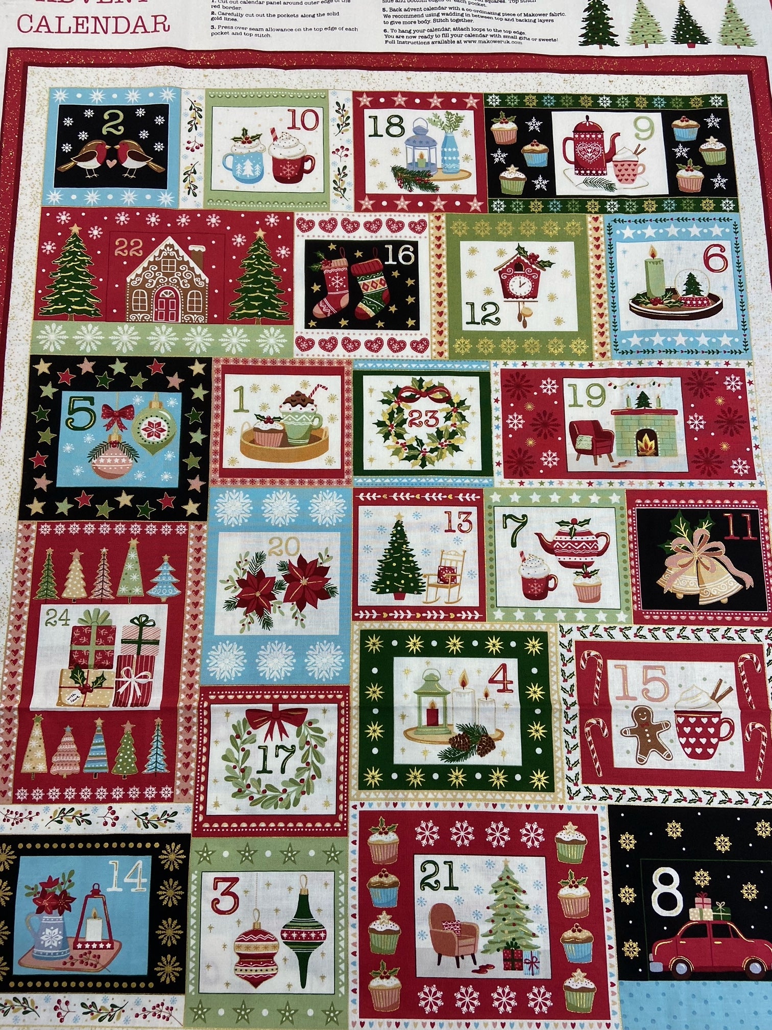Makower Cosy Christmas Pocket Advent Calendar Panel with Gold Metallic