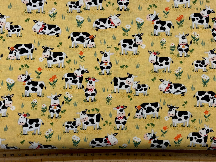 makower fun farm cows yellow lemon farmyard cotton fabric shack malmesbury