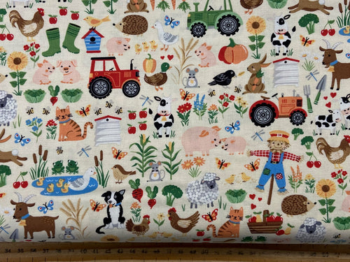 makower fun farm friends cream farmyard cotton fabric shack malmesbury