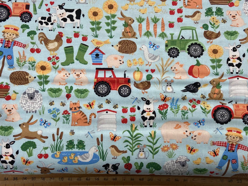 makower fun farm friends light blue farmyard cotton fabric shack malmesbury