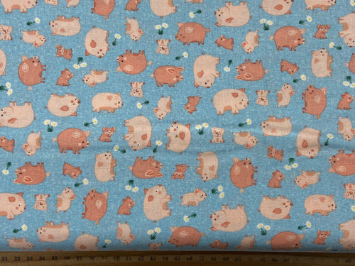 makower fun farm pigs light blue farmyard cotton fabric shack malmesbury