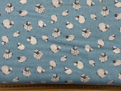 makower fun farm sheep light blue farmyard cotton fabric shack malmesbury