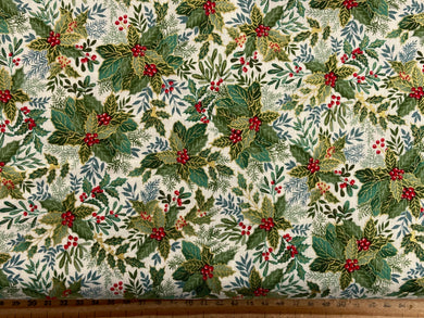 makower good tidings christmas metallic holly crystal holly bush cream cotton fabric shack malmesbury