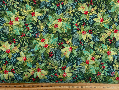 makower good tidings christmas metallic holly crystal holly bush green cotton fabric shack malmesbury