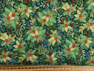 makower good tidings christmas metallic holly crystal holly bush green cotton fabric shack malmesbury