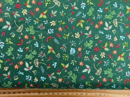 makower good tidings christmas metallic holly sprig green cotton fabric shack malmesbury