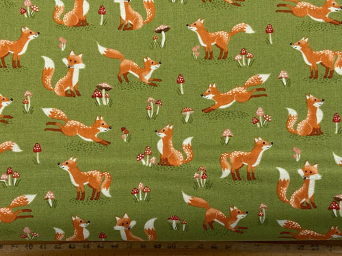 makower hello autumn fox snail toadstool mushroom green cotton fabric shack malmesbury